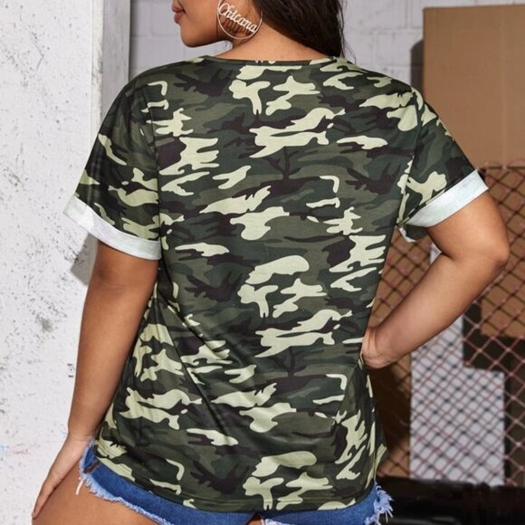 Shein Women's Size 18W-20W (2XL) Sexy Plus Green Camo Mesh Yoke Rolled Cuff Tee - Picture 3 of 5